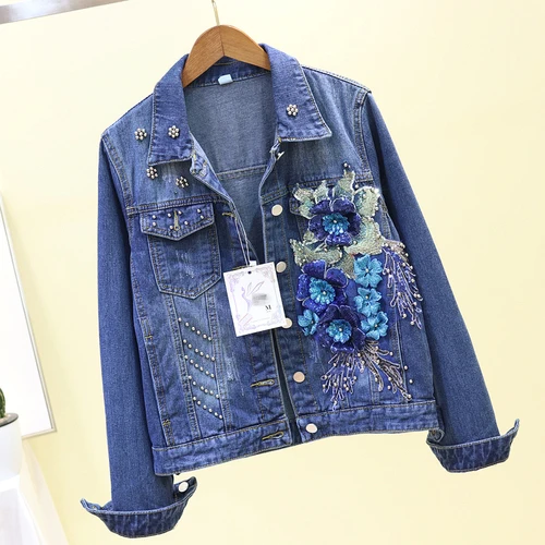 Dark Blue Женская модная Красивая Роскошная джинсовая куртка с вышитыми цветами и бисером с длинными рукавами, крутая мотоциклетная куртка в стиле панк - Цвет: Dark Blue