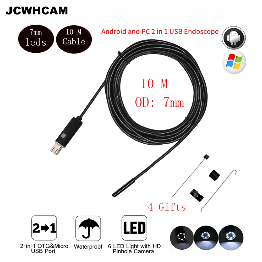 Jcwhcam Android и ПК эндоскопа 480 P HD USB инспекции Камера 7 мм Диаметр 6LED и аксессуары Водонепроницаемый инспекции бороскоп камера