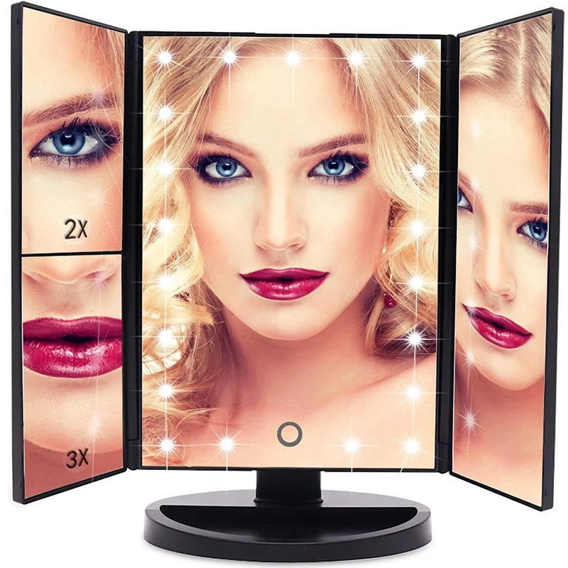 Kopen 22 LED Touch Screen Licht Make Up Spiegel Tafel Desktop Make 1X 2X 3X 10X Vergrootglas Spiegels Vanity 3 vouwen Verstelbare Spiegel