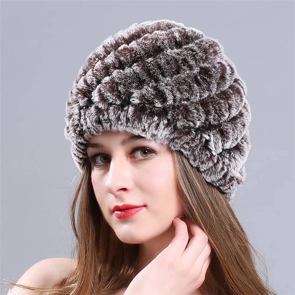 

Ladies' Winter Thickening Heating Cap Pure Color Protective Cap, New Knitted Fur Hat Pineapple Hat and Wool Hat HA10