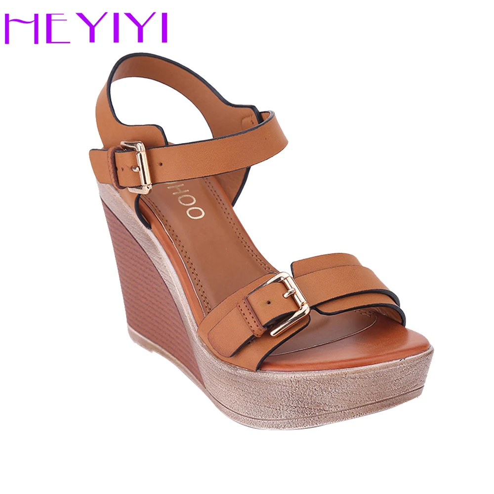 HEYIYI Women Shoes Sandals High Heel Wedges Platform Blue Camel Color Fashion Adjustable Buckle Strap Ladies