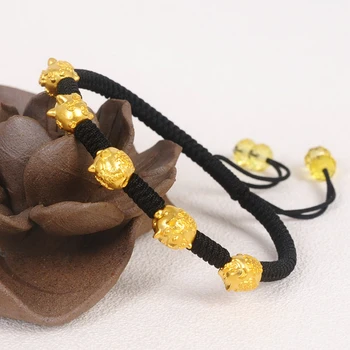 

Pure 999 24K Yellow 3D Gold Year of the Pig Bracelet 5PCS Little Pig Zodiac Weaving Red Rope For Women Men Female Bracelet 16cm