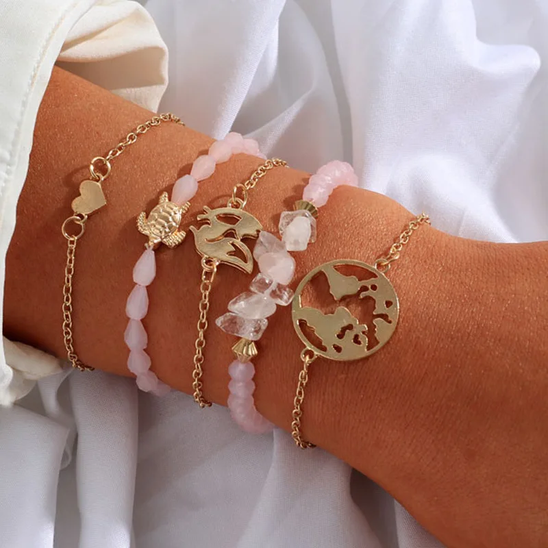 

5 PCS/LOT European & American Popular Pink Acrylic Beads Women Wrap Bracelet Set Gold Color Alloy Turtle Love Link Bracelet