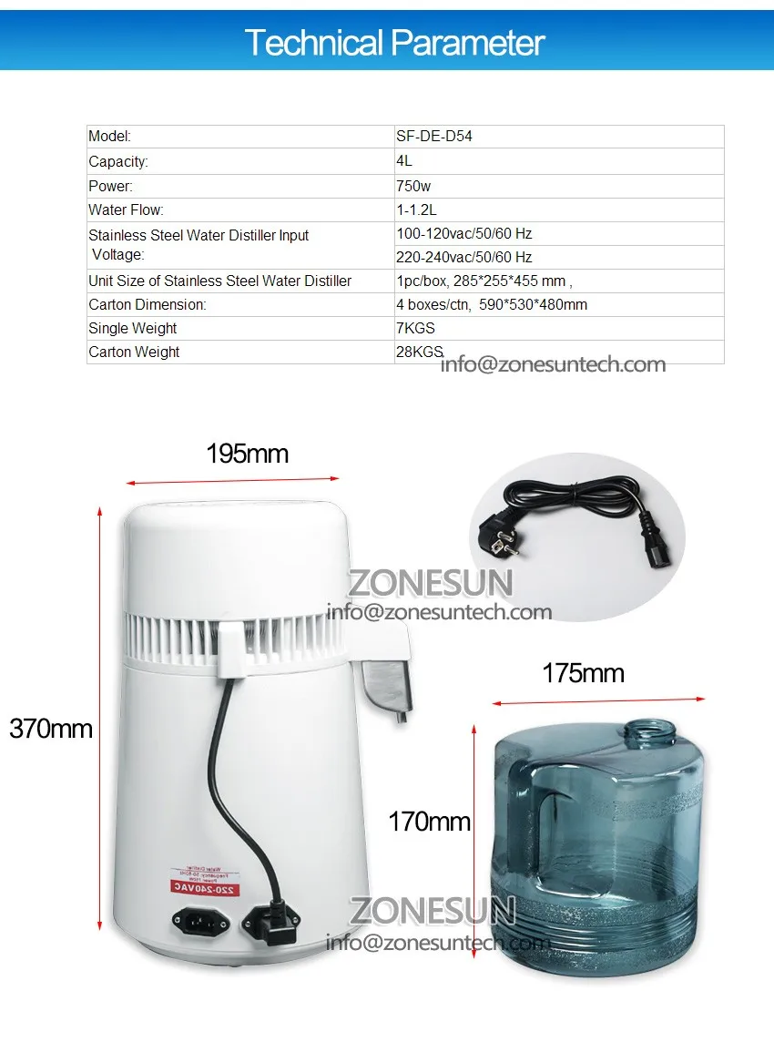 ZONESUN 4L портативный дистиллятор для воды из нержавеющей стали, фильтр для чистой воды, очиститель воды, фильтр для очистки, контейнер