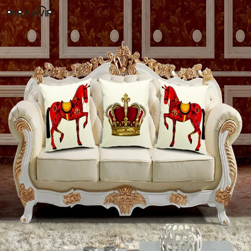 European Style Cushion Royal Crown Red Horse Throw Pillows Cotton Linen Sofa Car Chair Home