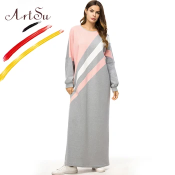 

ArtSu 4XL Oversized Women Casual Loose Batwing Sleeve Winter Maxi Dress Gray Striped Long Hoodie Dress Female Sweatshirt Vestido