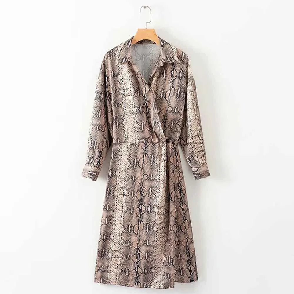 

ANSFX Stylish Snake Pattern Cross Turn-down Collar Slim fit Dress Long Sleeve Fashion Women Mid-Calf Straight Dress Vestidos