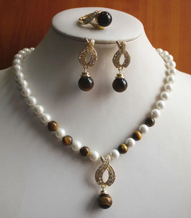 

Charming White Pearl/Tiger Eye Stone Necklace Earring Ring(7/8/9) Jewelry Set AAA style 100% Natural fine stone Noble Fine jewe
