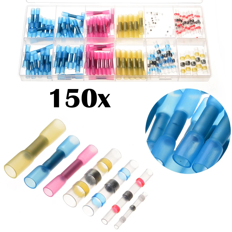 

150PCS Heat Shrink Butt Terminals Crimp Wire Terminal Waterproof Splice Connectors Set Electrical Solder Sleeves AWG 22-10 Kit