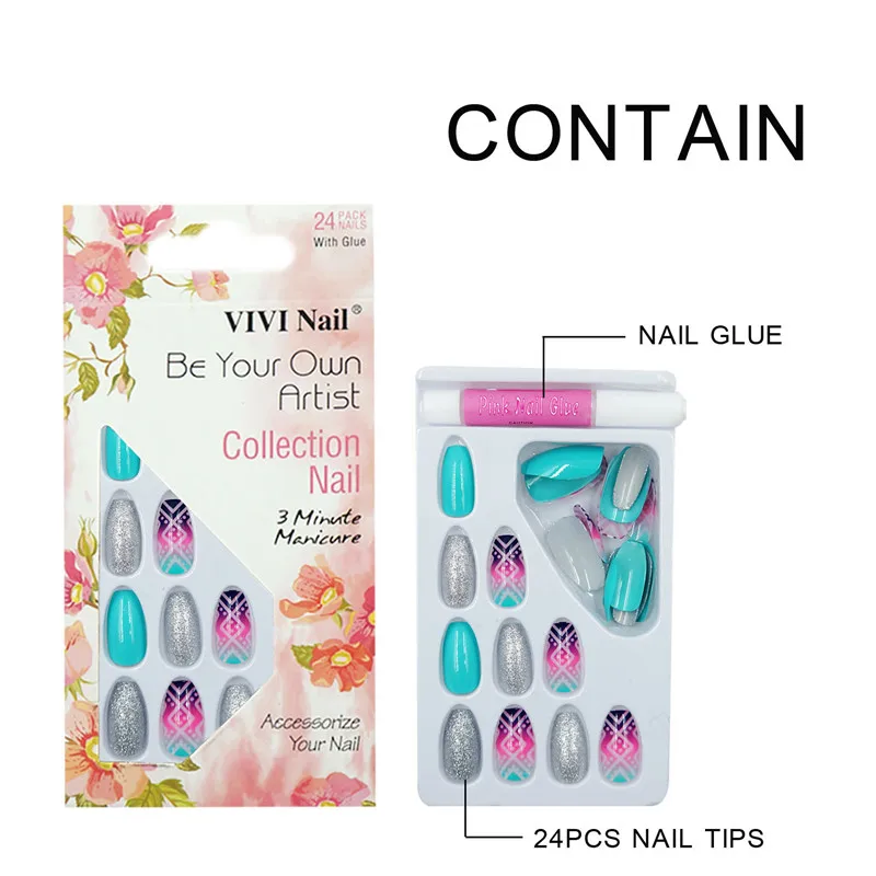 24 шт. накладные ногти серебристого цвета с блестками|press on nails|press onfashion nail tips |
