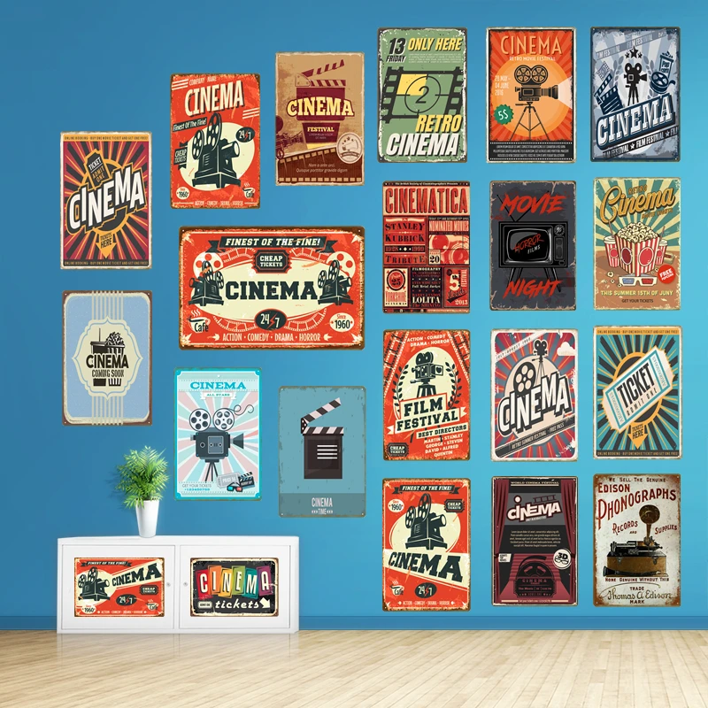 

Retro Cinema Poster Film Movie Tickets Metal Tin Signs Shop Market Restaurant Drive-in Cinema Paintings Sticker Wall Decor YD043