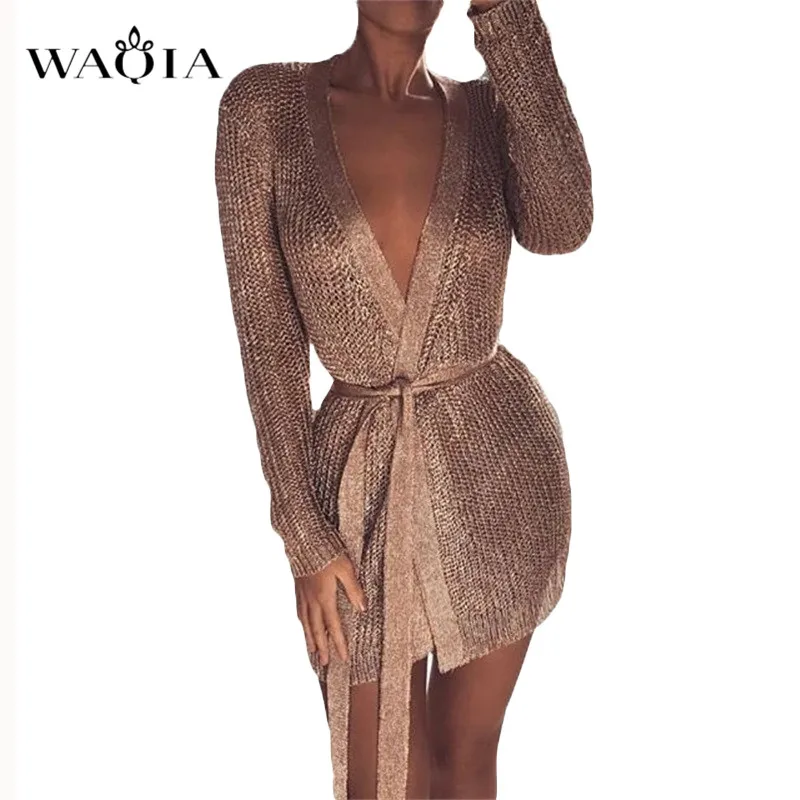 

WAQIA Sparkly Crochet Hollow Out Rose Gold Dresses Women 2018 Deep V Neck Sexy Dress Club Wear Mini Dresses Party Night Vestidos