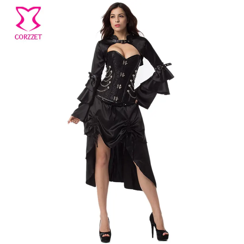 Cuir Steampunk Corset Bustiers et Robe Jupe und Chemisier 3 pi/èces Punk Burlesque Pirate