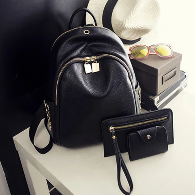 

Fashion Women Backpacks Set Big Rivet Zipper PU Leather Student Backpacks Preppy Style Bags For Teenage Girls Women Back Pack