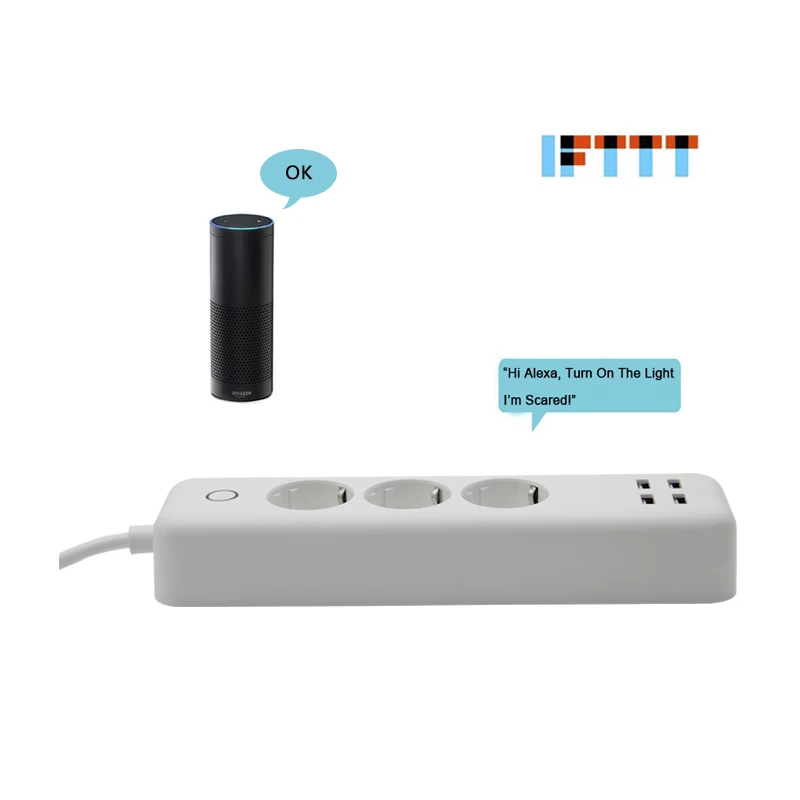 Wi-Fi розетка USB power Strip smart EU штекер перегрузки переключатель стабилизатор напряжения 3 розетки 4 порта USB зарядное устройство м 2 м 15A Wifi штекер