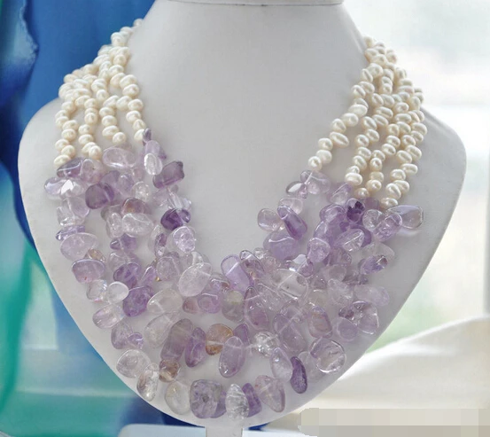 

FREE SHIPPING>>>@ new1013 4strands 7mm white RICE freshwater lavender amethyst necklace
