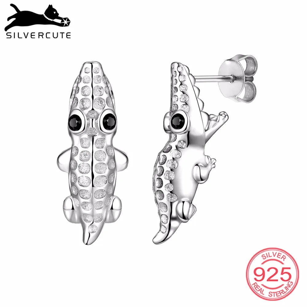 SILVERCUTE 925 пробы серебряные серьги-гвоздики с крокодилом для женщин и девочек милые
