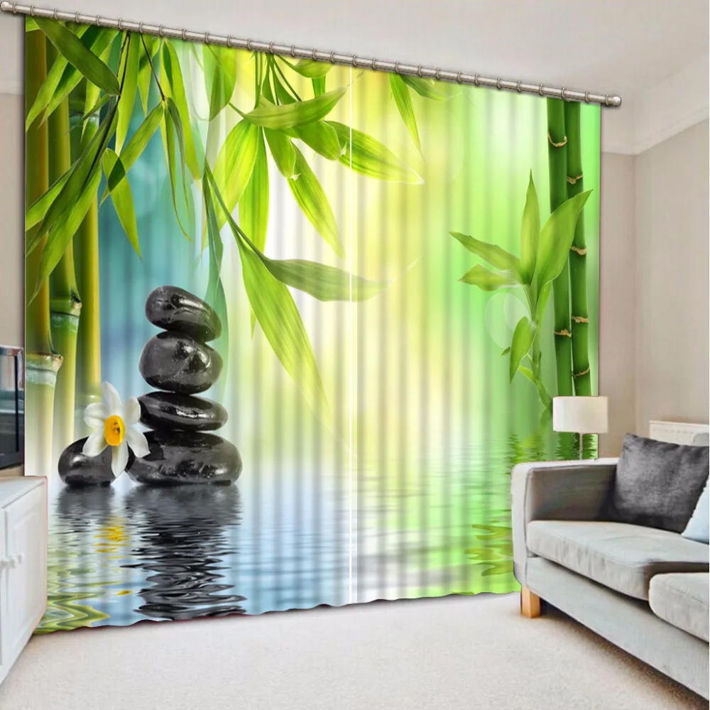 

3D Curtain Photo Customize Size Bamboo Leaves Black Stones Curtain Bedroom Living Room Office Cortinas Breakdown Bathroom Shower