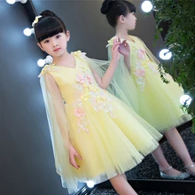 2017 European Luxury Children Girls Pink Yellow Princess Beautiful Dress Summer Birthday Wedding Party Sweet Mesh Dress 3~15year