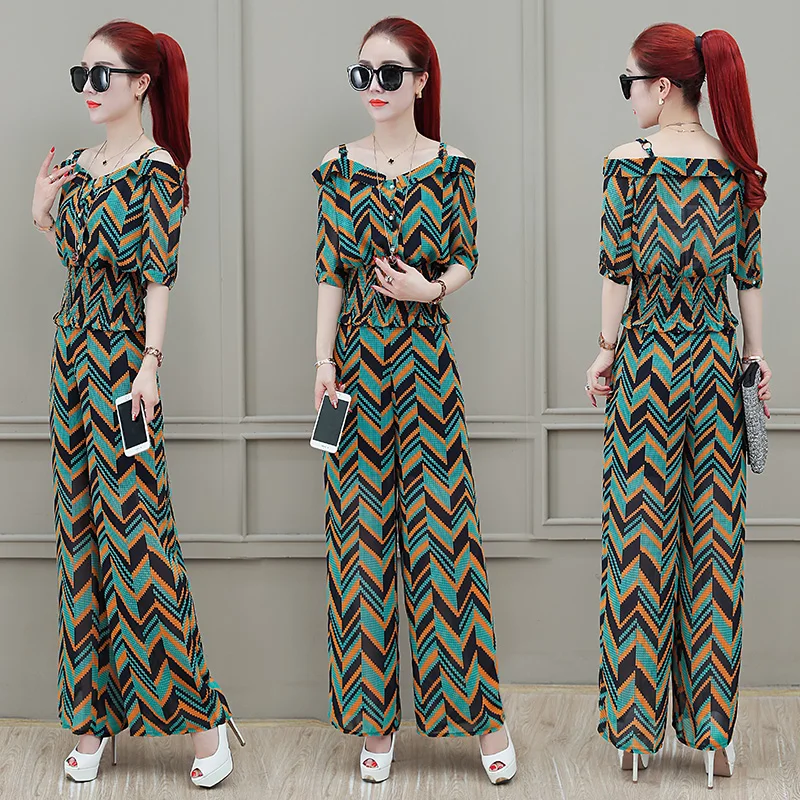 

Chiffon Slash Neck Women Two Piece Outfits Print Women 2 Piece Set Top And Pants Ensemble Femme Deux Pieces Conjunto Feminino