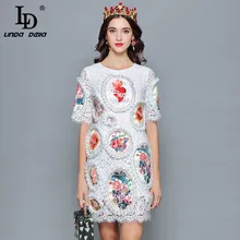 Женское кружевное мини-платье LD LINDA DELLA, дизайнерское белое приталенное платье с коротким рукавом и цветочным принтом, лето