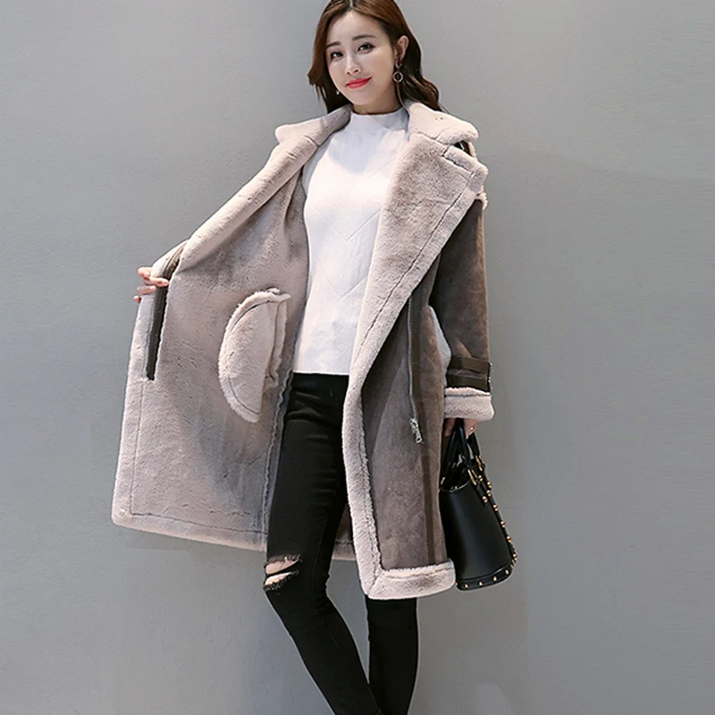 down D'hiver Suede Casual Poche Longue Chaud Gray Femelle Splice Survêtement Turn Épaississent En Simple Manteau Cuir caramel Colour Matelassé Col IF5Bw6