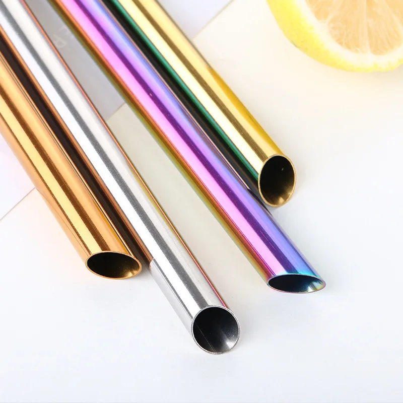 5pcs Reusable 304 Stainless Steel Rainbow Straw Metal Smoothies Drinking Straight Straws Silicone Cover with Brush Bag Wholesale