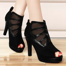 Pop Pop ! All-Match Sexy Peep Toe Flock Back Zip WoMen Pumps Fashion Breathable Mesh Platform High Heel Girls Wedding Shoes
