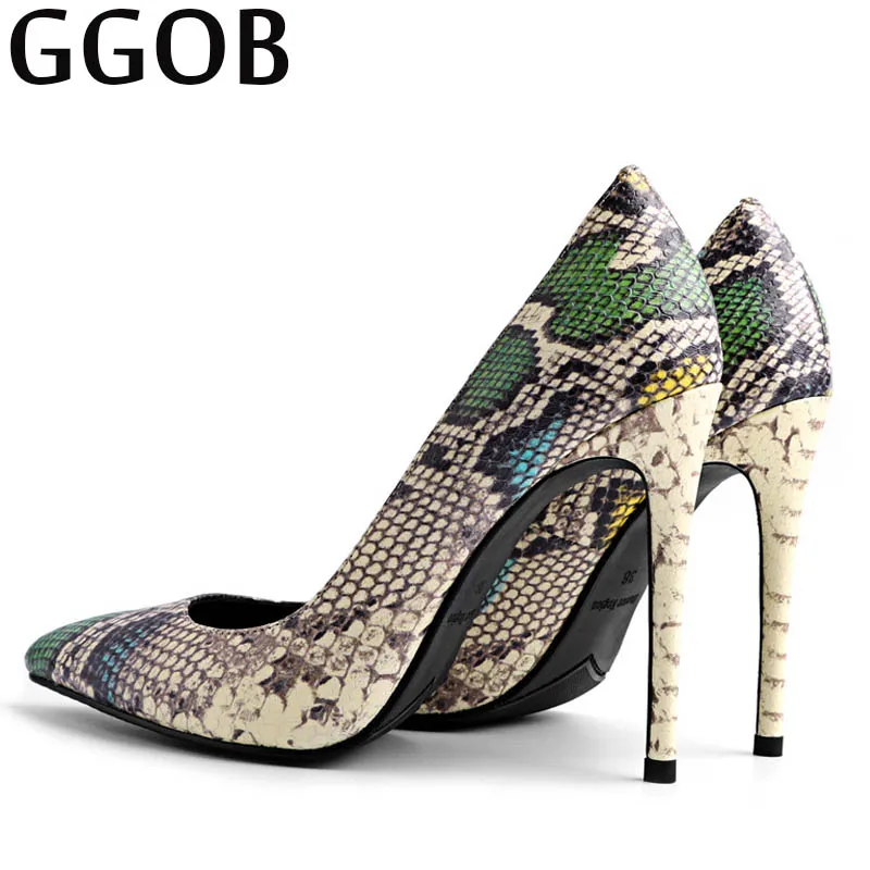 

GGOB New Women Pumps Spike Heel Heels Casual Fashion Pointed Toe Elegant Snake skin Genuine Leather Woman Brand Handmade 2018