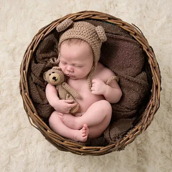 

Newborn Photography Props Accessories Bear Hat Cap + Doll Sets Infant Bebe Soft Bonnet Handmade Knitted Beanie Bear Toy