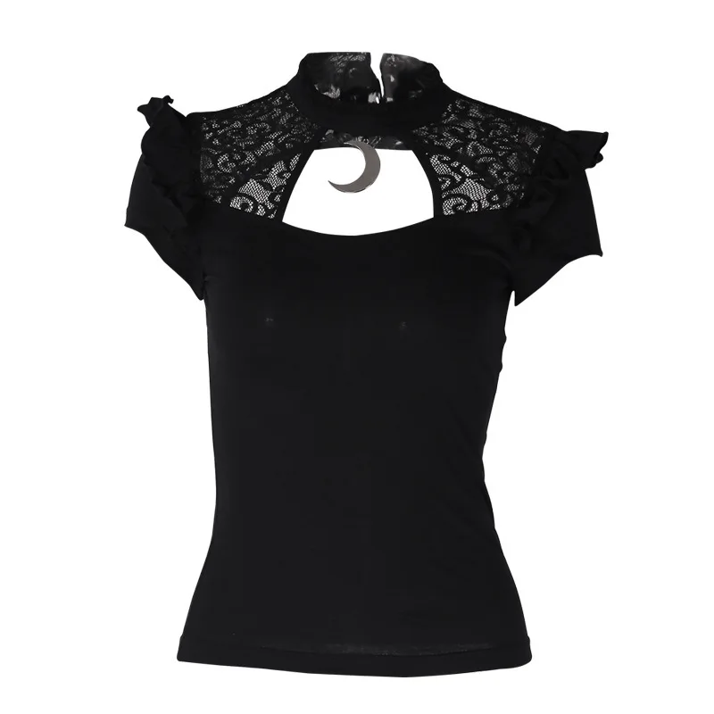  JIEZuoFang Summer Short Sleeve Lace Stitching Punk T-shirts Metal Moon Pendant Ribbon Cross Slim Go