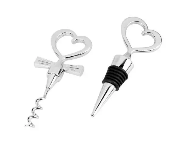 Heart Shaped Red Wine Bottle Opener Stopper Set Wedding Favors