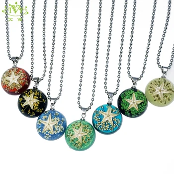 

5pcs Natural Starfish Handmade Luminous Necklace Pendants Retro Stainless Steel Chain Jewelry Men Woman Friend Boho Necklaces