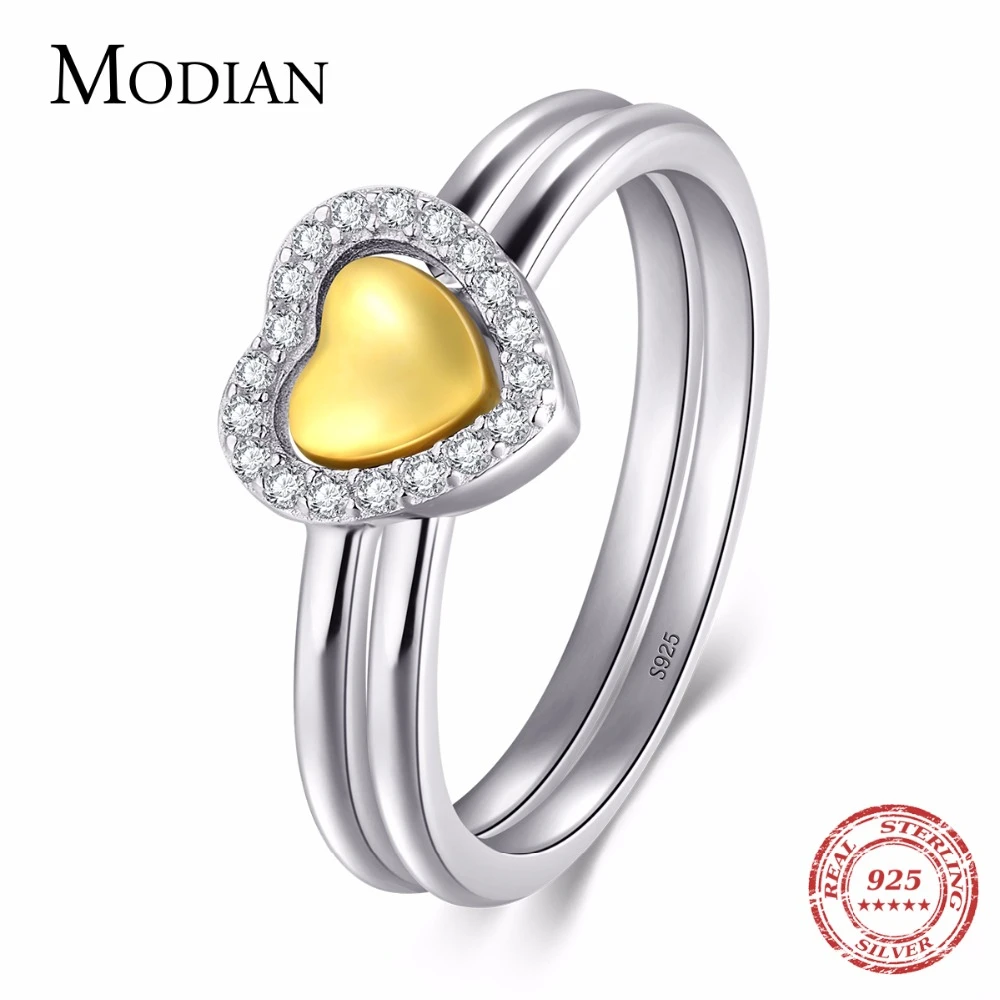 Modian, 925 пробы, серебряное, Двойное сердце, стекируемое, модное, кубический цирконий, кольцо на палец для женщин, свадебное, обручальное, ювелирное изделие