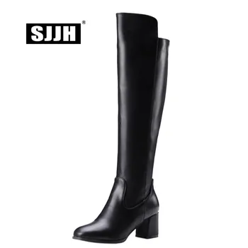 

SJJH Women Knee-High Long Boots with Point Toe Chunky Plush Soft PU Comfort Footwear Fashion Casual Formal Shoes Large Size Q299