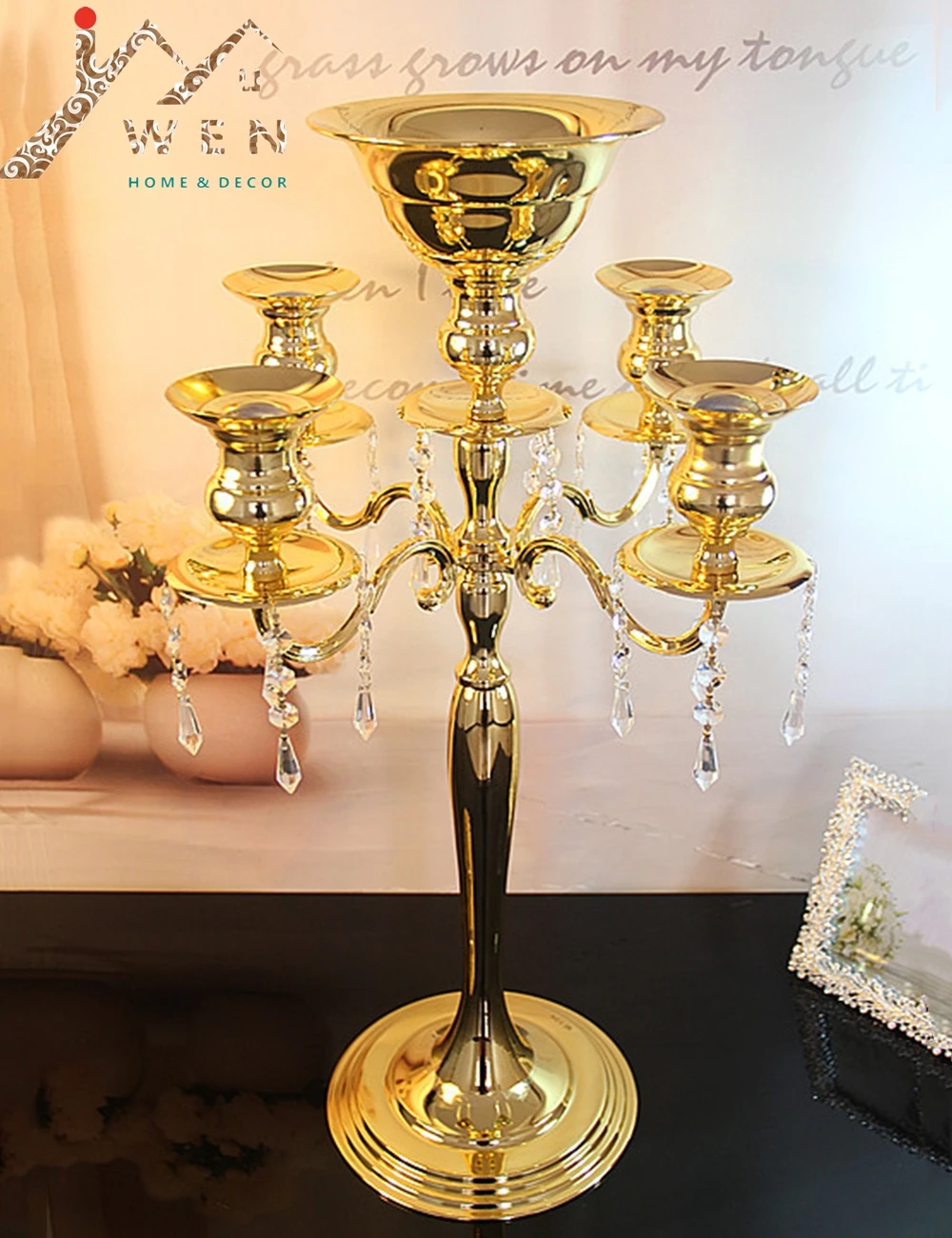 Gold!H75cm * W48cm, gold 5 Heads Crystal Candelabra, Candle Holder