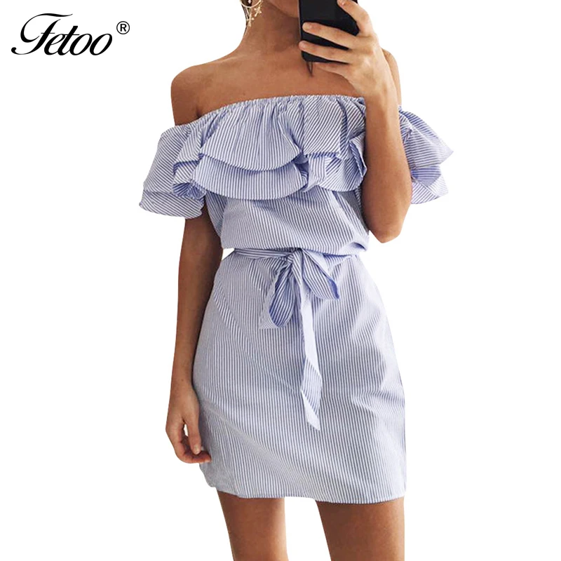 Fetoo в полоску со складками, с открытыми плечами платье Для женщин летнее платье сарафаны пляжные Повседневное мини-рубашка короткие Платья