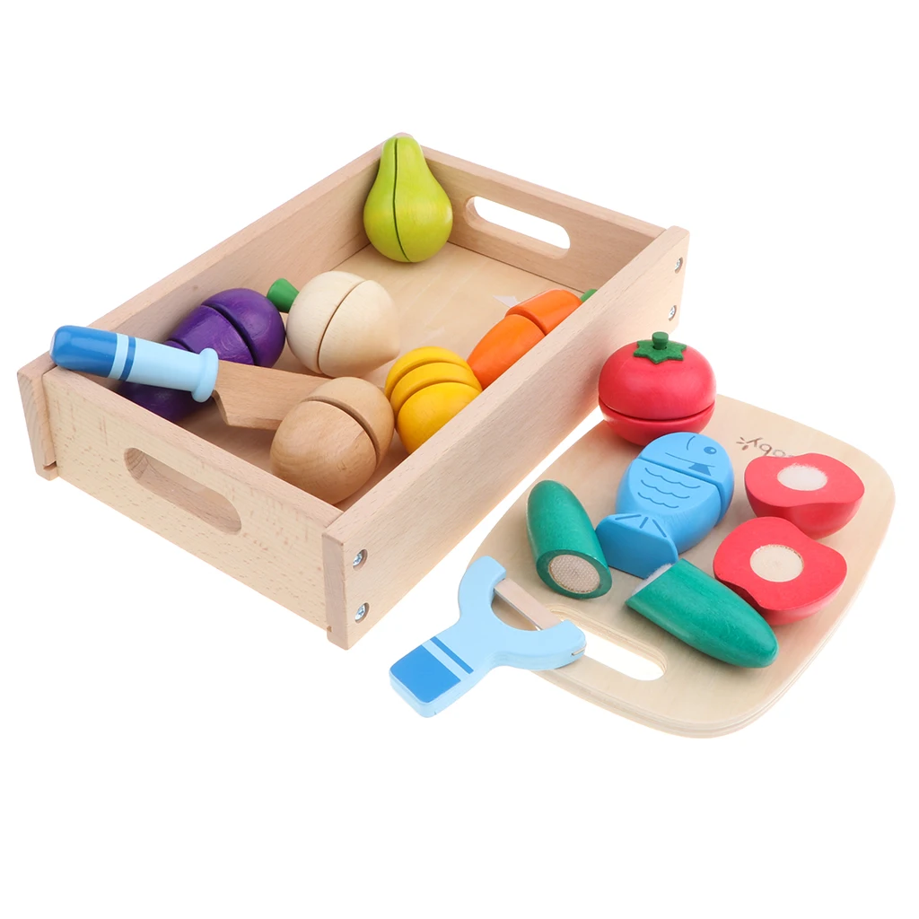 14pcs Wooden Simulation Sticky Fruits Vegetables Play Food Baby Preschool Kitchen Toys Role Pretend Playing Game