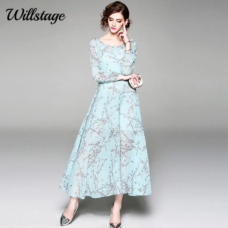 

Willstage 2018 Summer Chiffon Dresses Elegant blue Long Maxi dress Boho Beach wear Long Sleeve Floral printed thin dress Autumn