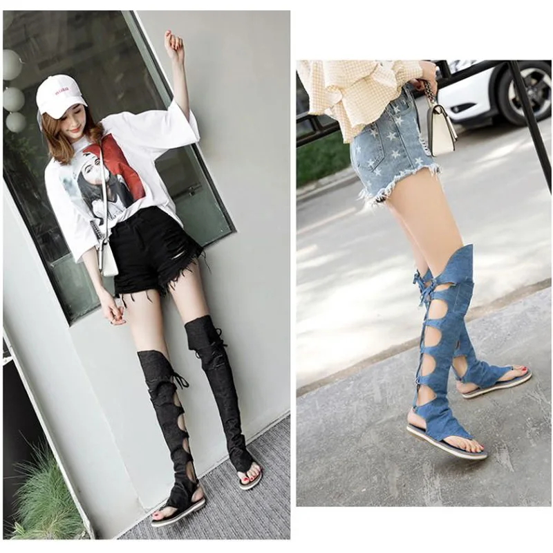 New Women's Summer Shoes Fashion Denim Knee High Women Gladiator Sandals Sexy Back Cross Tied High Top Flip Flops Beach Sandals (4)