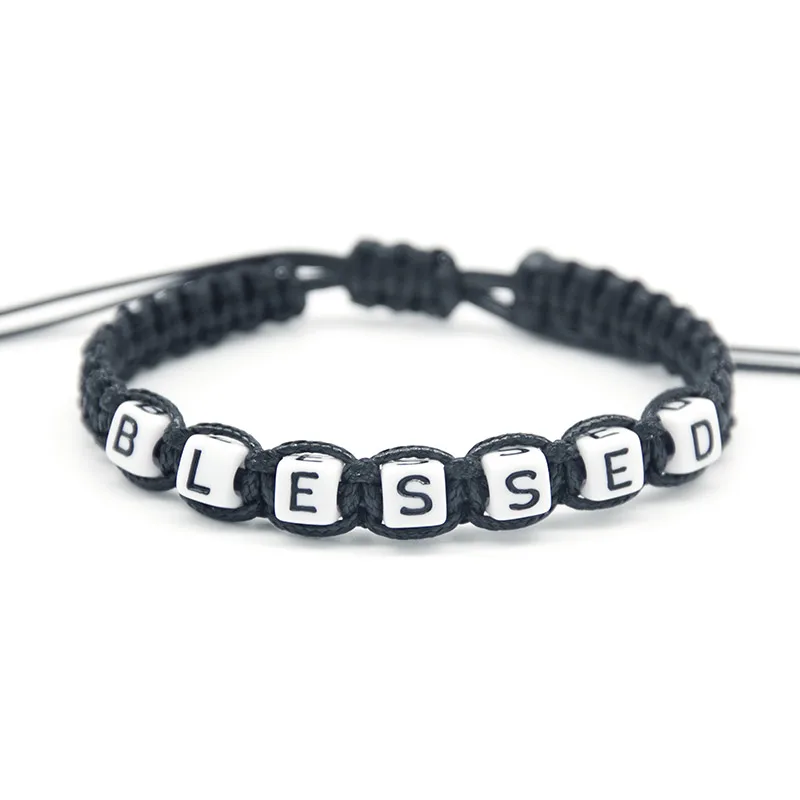 

1pcs Solemn Black Cord with White Beaded BLESSED Charm Bracelets Adjust Size for Women Men Friends Infinity Wish Jewelry Gifts