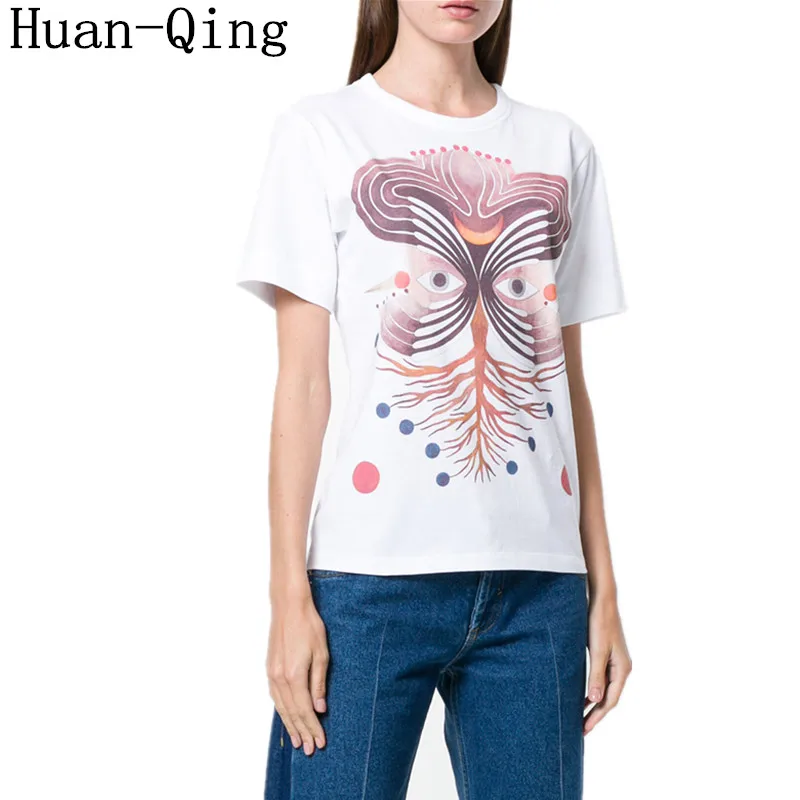 Женская футболка для подиума Лето Милая Белая футболка с принтом для девочек Повседневная хлопковая Футболка с круглым вырезом и коротким рукавом