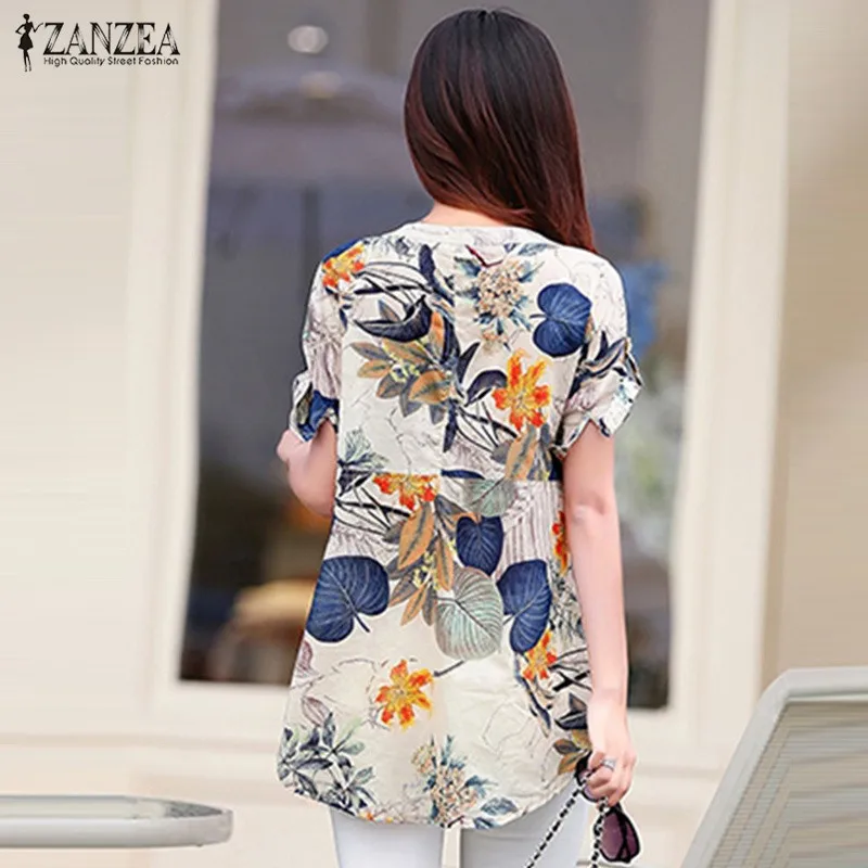 ZANZEA Women Blouses 2018 Summer Vintage Floral Print Blusas Shirts O Neck Roll Up Short Sleeve Casual Loose Tee Tops Plus Size