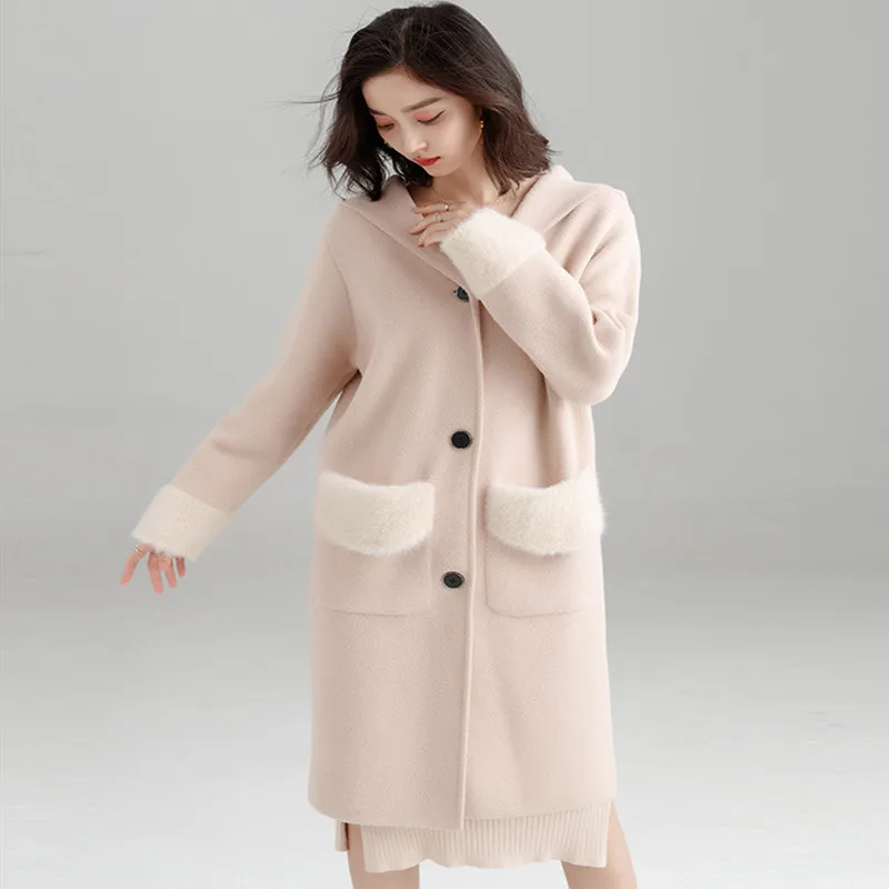 

Good Quality 2019 Spring Long Knitted Cardigan Loose Overcoat Water-proof Mink Double-sided Nipple Coat Women Woolen Overcoat