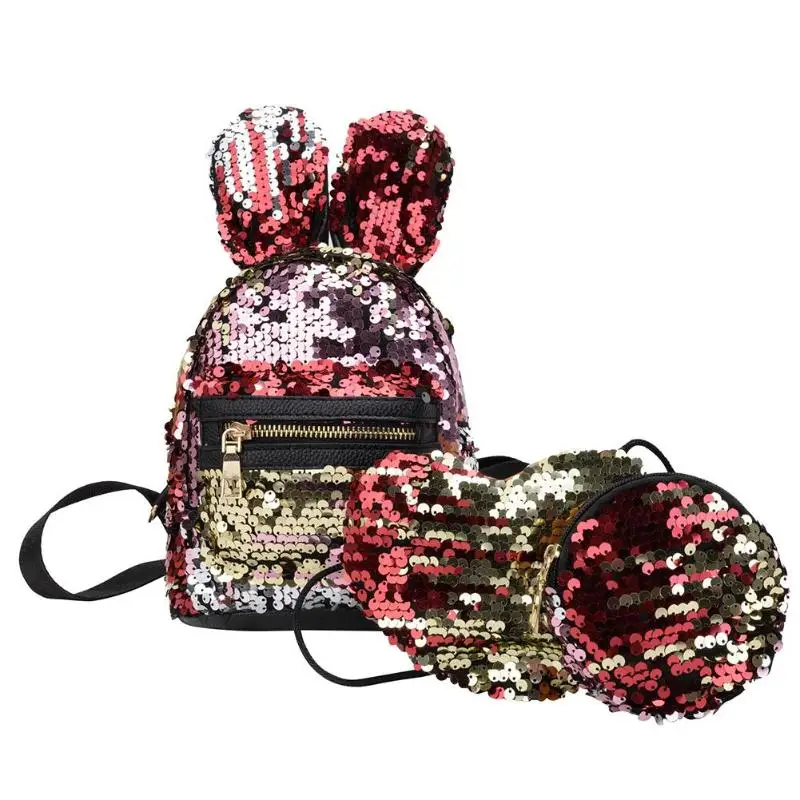 3 шт./компл., Женский мини-рюкзак с заячьими ушками и блестками, сумки с пайетками для девочек-подростков, школьный рюкзак через плечо, Модный