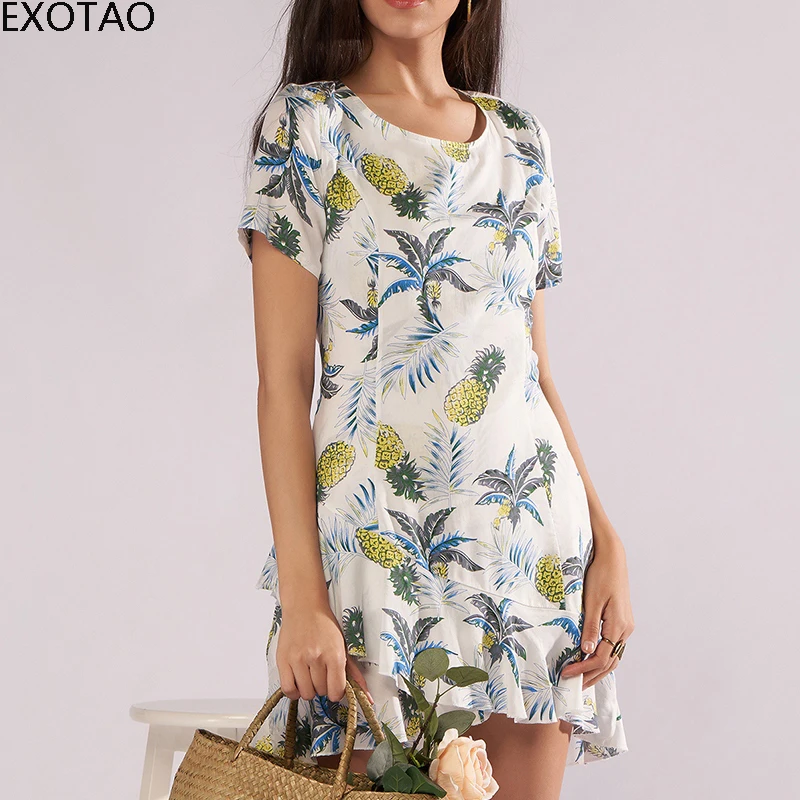 EXOTAO Street Fashion Pineapple Dress Woman Summer Beach Ruffle
