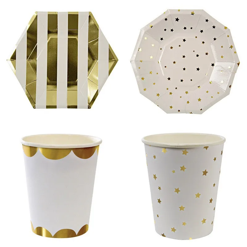 GiveU 7"/ 9"Gold Paper Plates 9oz Gold Paper Cups 8 People Gold Stamp