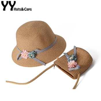 

YY Breathable Straw Hats with Bag for Children Summer Sun Visor Hats Cute Floral Beach Cap Foldable CM19003