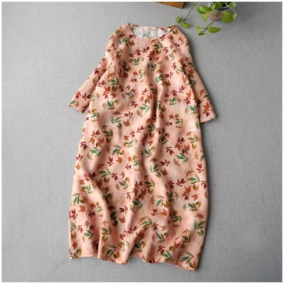 Весенне-летние женские повседневные свободные размера плюс в японском стиле винтажные удобные тонкие платья из ткани рами с цветочным принтом - Цвет: Leaves print