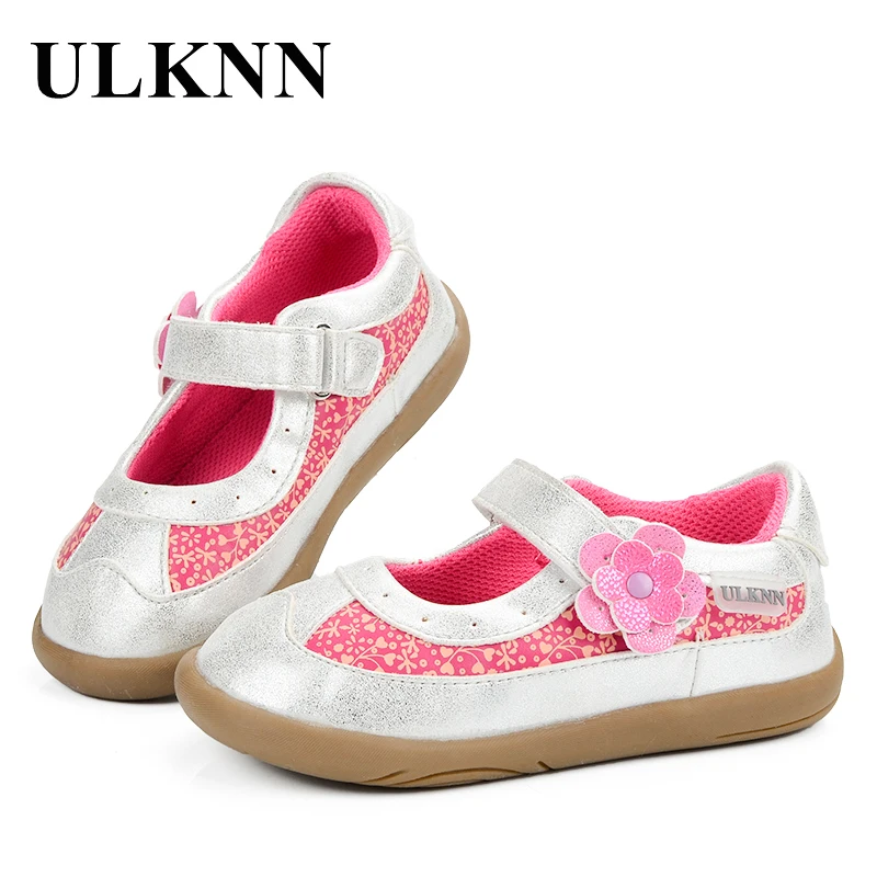 

ULKNN Girls Casual Shoes Kids For Girls Shoes Footwear Flat School Outdoor Glitter Pattern Flowers Fabric Silver 22-27